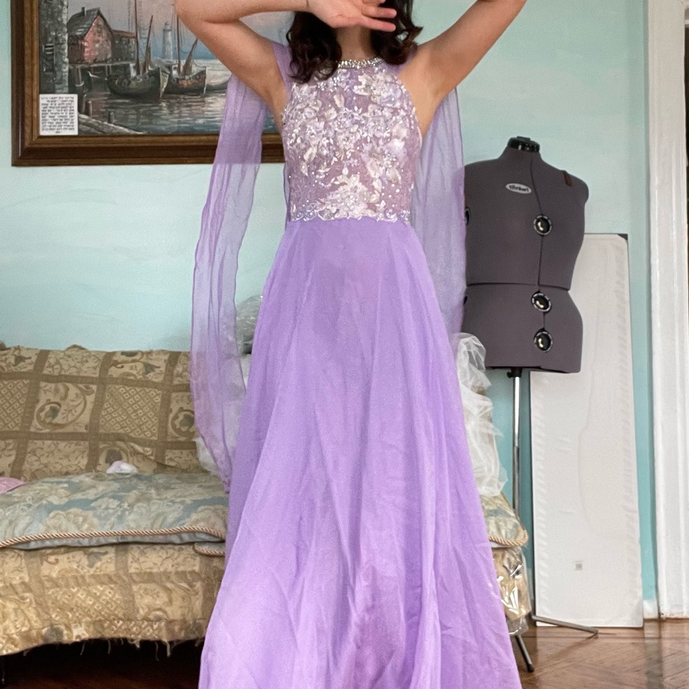 Ellie Wilde Mon Cheri lilac prom dress